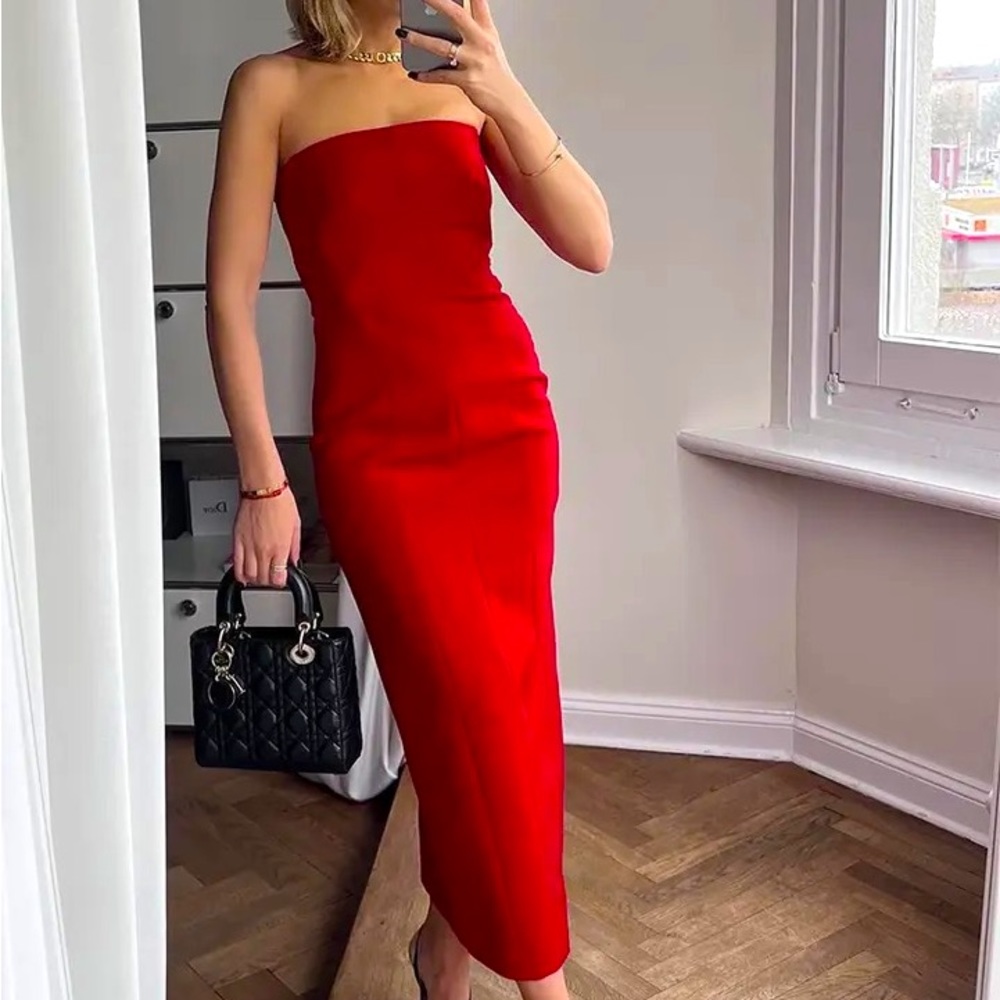New KONDALA red color sexy chic party longdress.Strapless pleated backsplitdress